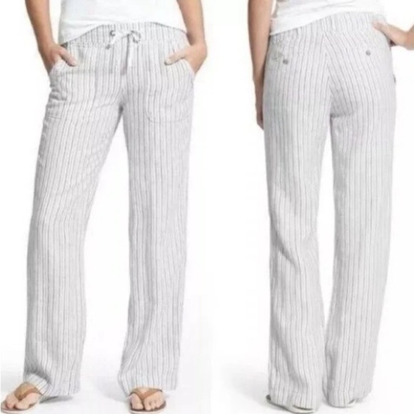 Athleta Stripe Bali 100% Linen Pants Women's Blue White Pinstripes wide … - Picture 1 of 12
